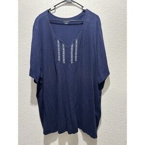CATHERINES 4X Blue Short Sleeve Crochet Lace Cotton Knit Tunic Top V-neck